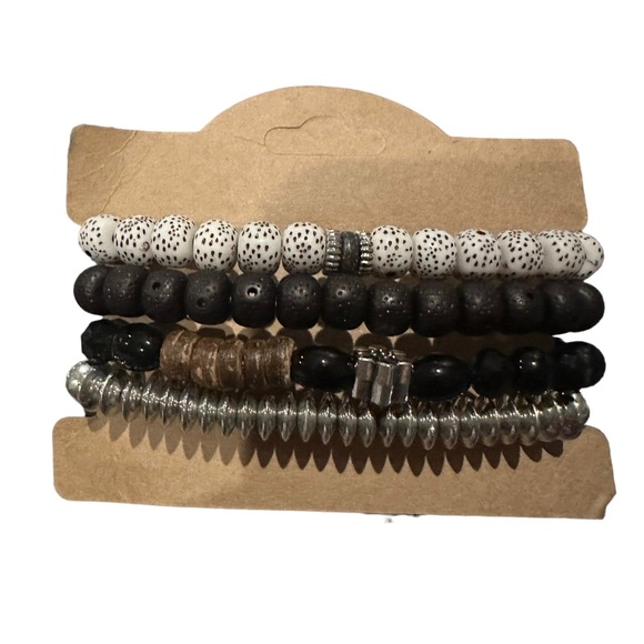 Set of 4 Boho Style Black and Silver Elastic Bracelet Set - Picture 3 of 7